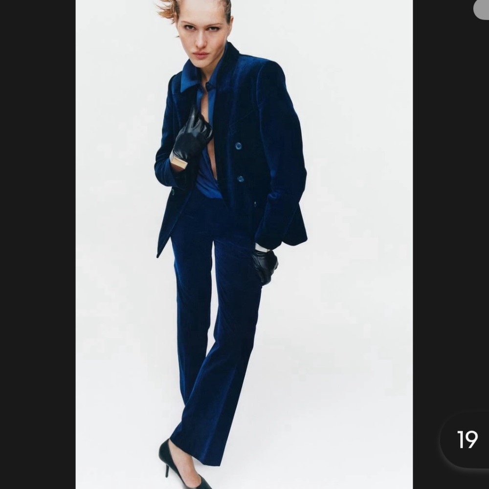 Zara Velvet Double-Breasted Navy Blue Blazer Suit